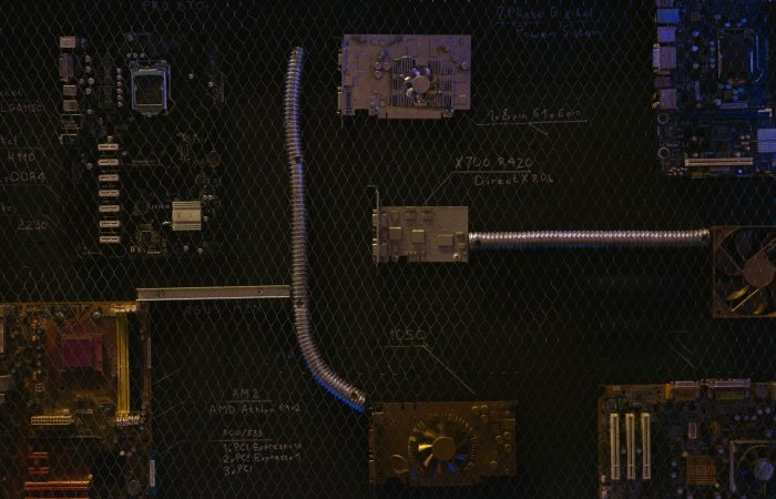 Artistic arrangement of circuit boards and cables symbolizes modern technology.