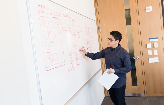 A man in an office presenting a user experience design on a whiteboard.