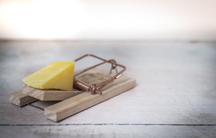 Close-up of a wooden mousetrap with a piece of cheese on a rustic table surface.