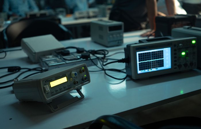 A dimly lit electronics lab featuring oscilloscopes and equipment on desks, creating a technical atmosphere.