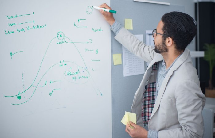 Business professional analyzing data on a whiteboard during an office presentation, emphasizing workplace collaboration.